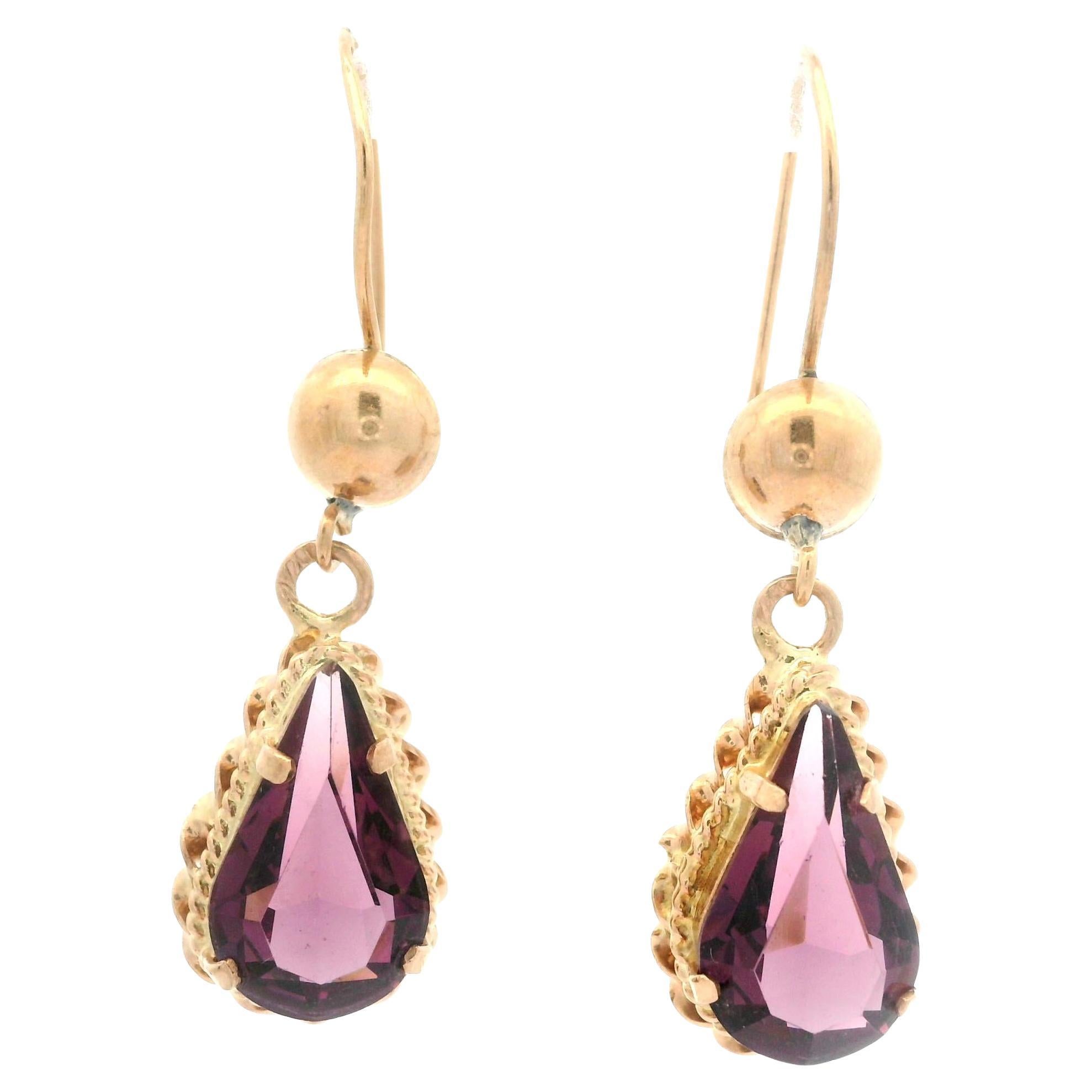 Orecchini a goccia d'epoca in oro giallo 14k con taglio a pera e pietre viola