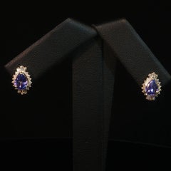 Vintage 14K Yellow Gold Pear Tanzanite + Diamond Halo Stud Earrings