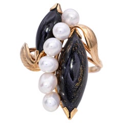 Vintage 14k Yellow Gold Pearl and Black Coral Ring