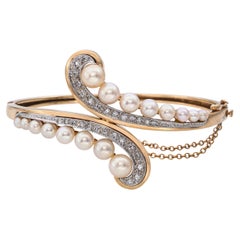 Vintage 14k Gelbgold Perle und Diamant Bypass Scharnier Armreif Armband