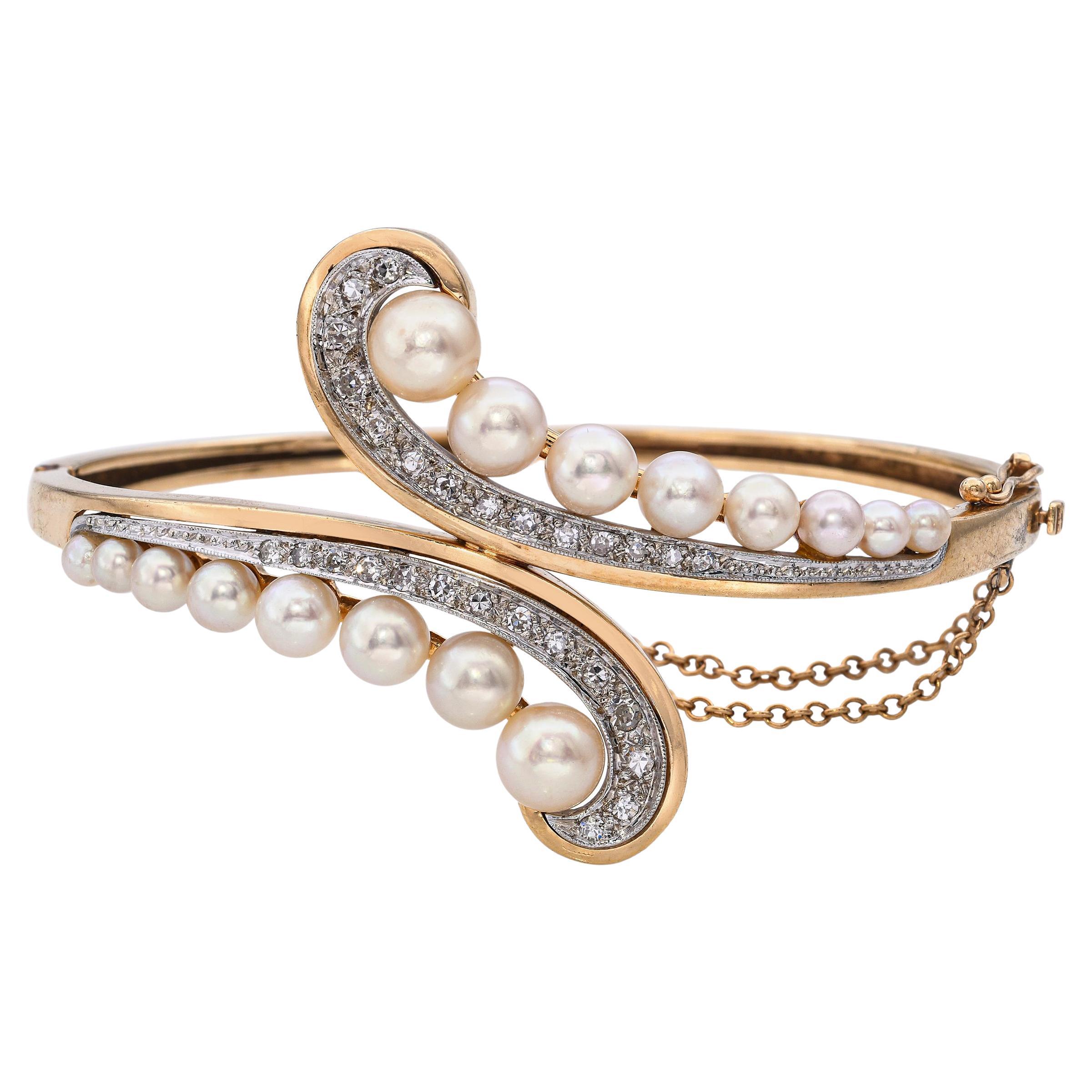Vintage 14k Yellow Gold Pearl and Diamond Bypass Hinged Bangle Bracelet