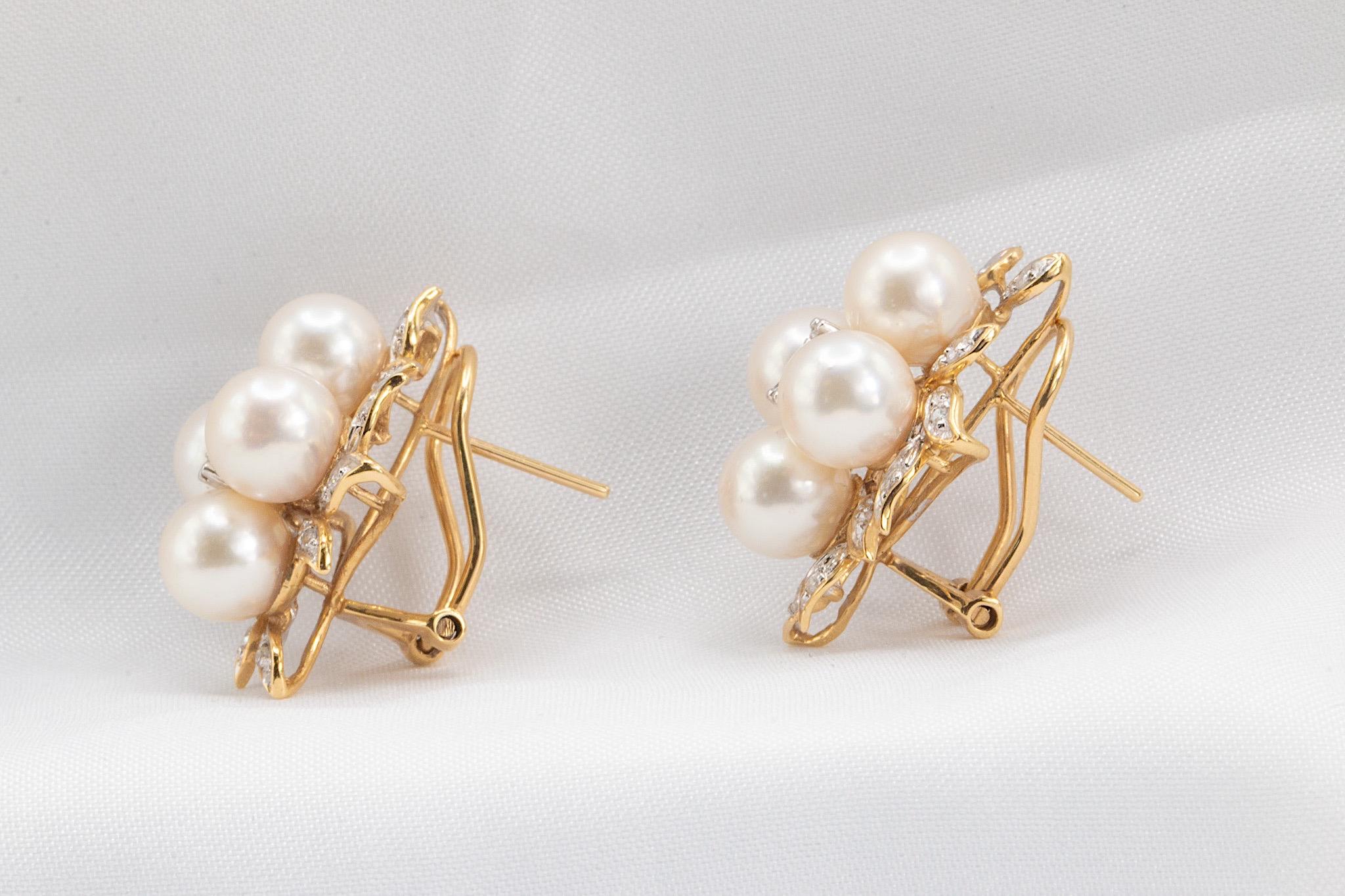 Round Cut Vintage 14k Yellow Gold Pearl and Diamond Earrings For Sale
