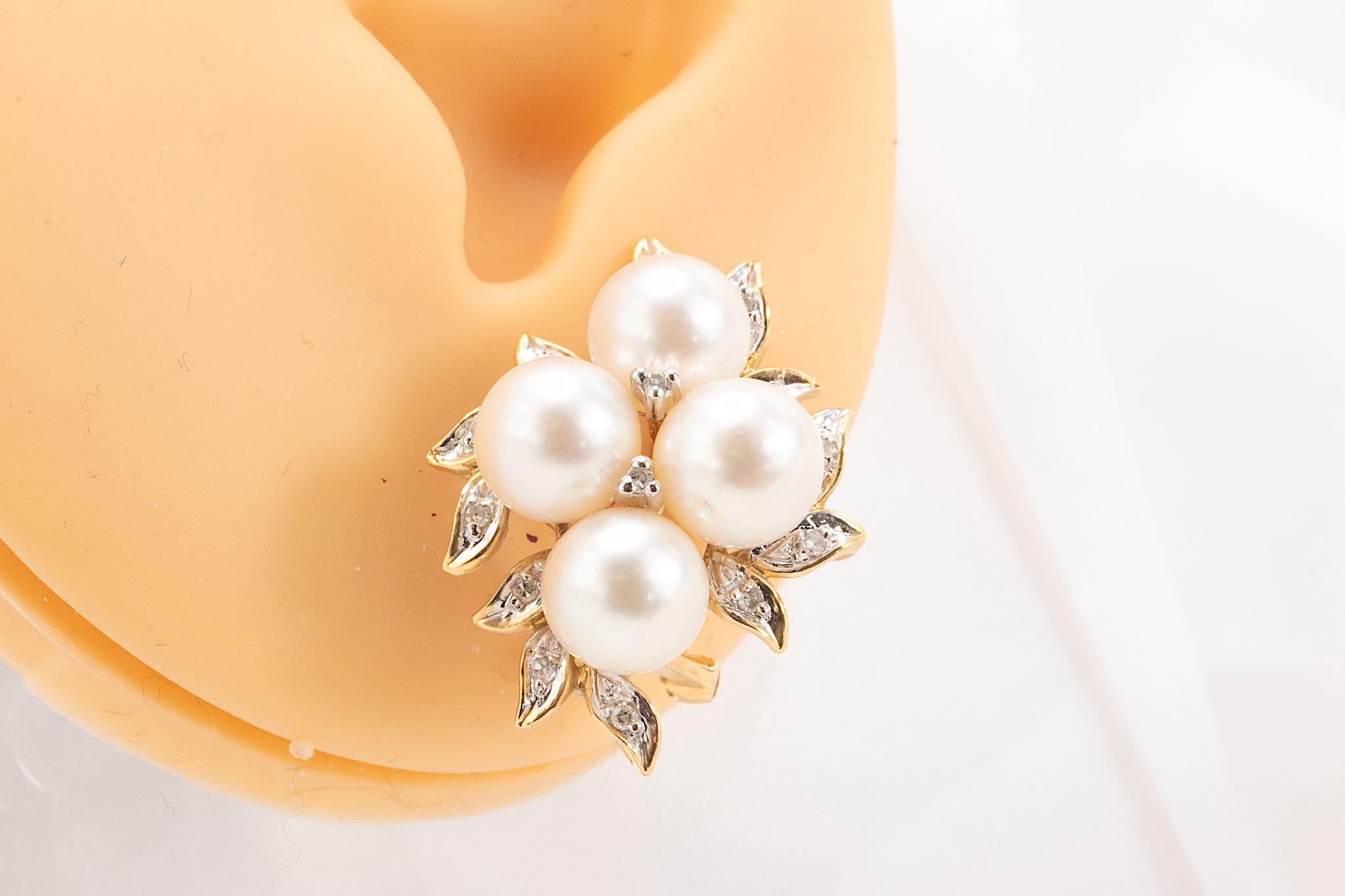 Women's Vintage 14k Yellow Gold Pearl and Diamond Earrings For Sale