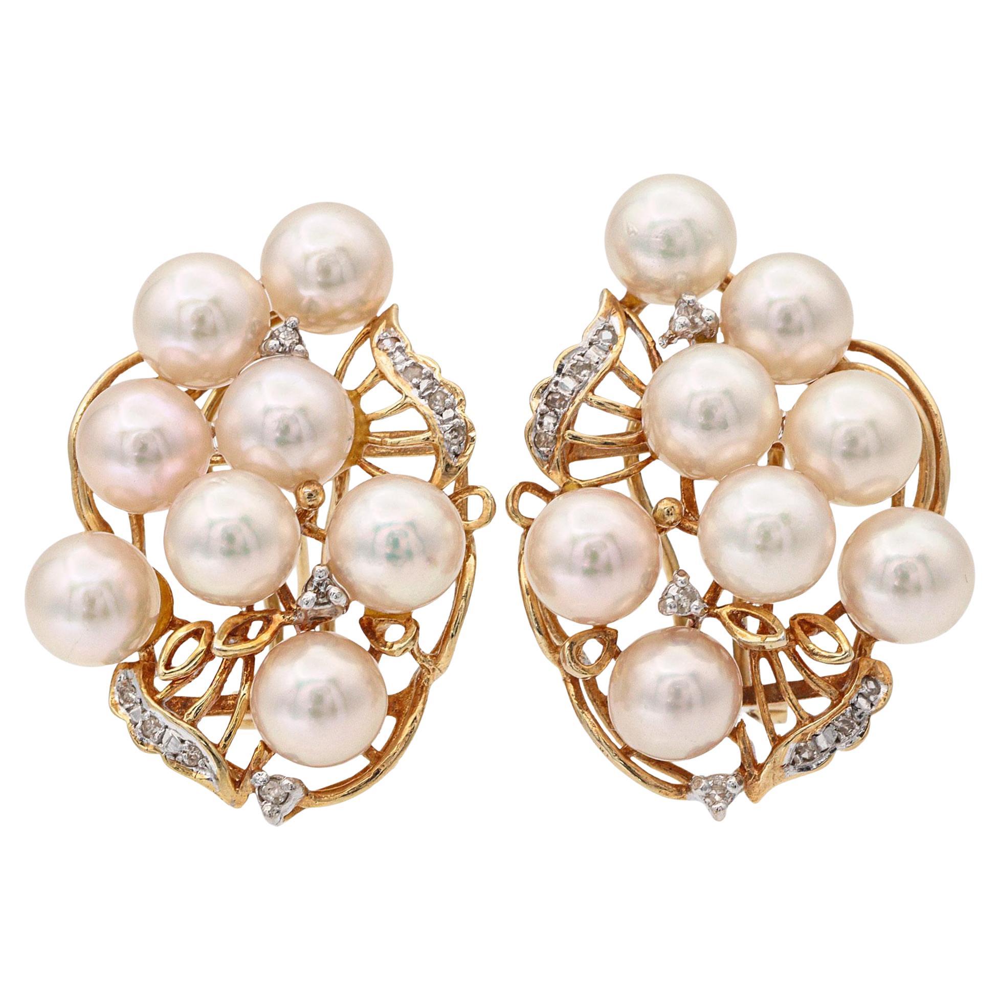 Orecchini vintage in oro giallo 14k con perle e diamanti