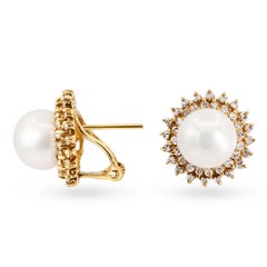 Vintage 14k Yellow Gold Pearl And Diamond Halo Earrings