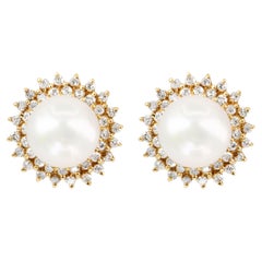 Vintage 14k Yellow Gold Pearl And Diamond Halo Earrings