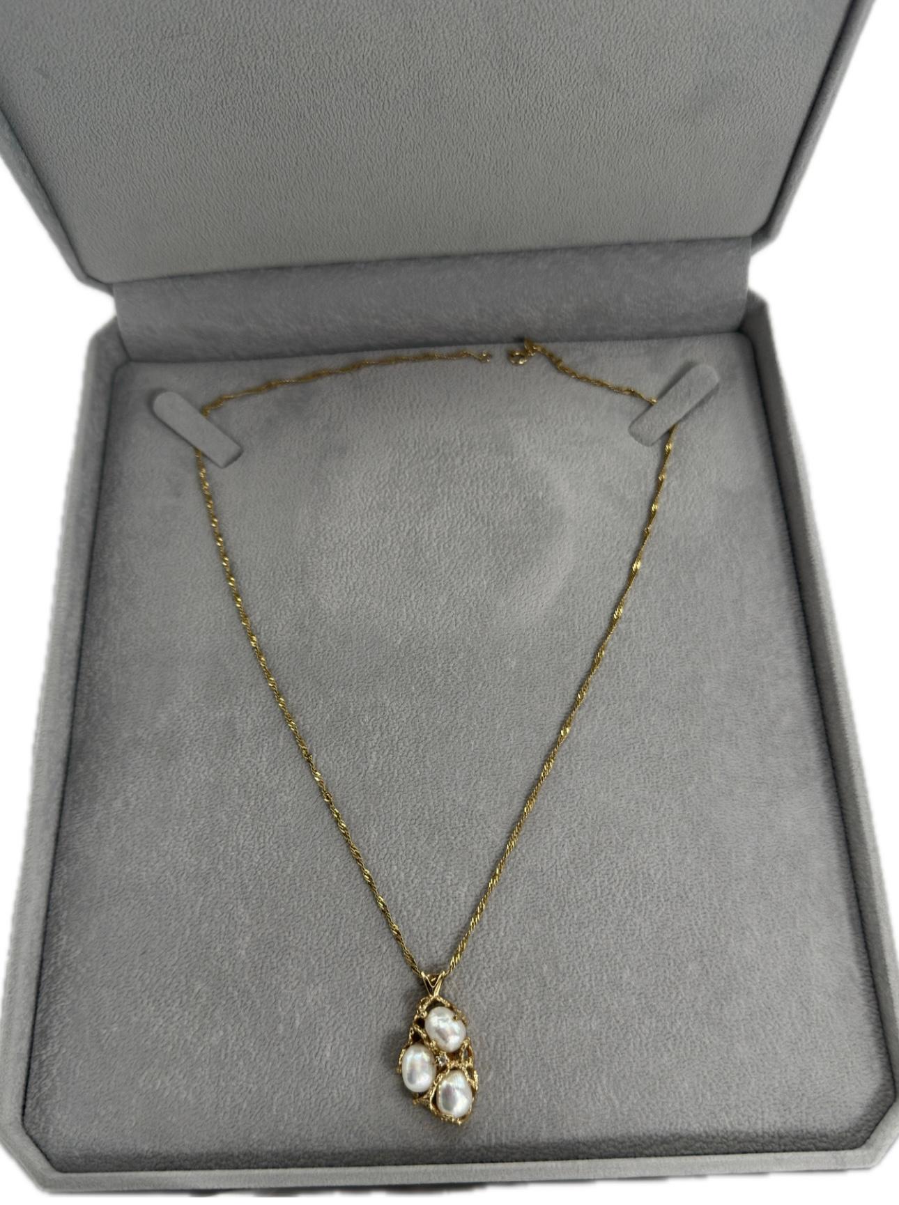 Women's Vintage 14k Yellow Gold Pearl and Diamond Pendant Necklace For Sale