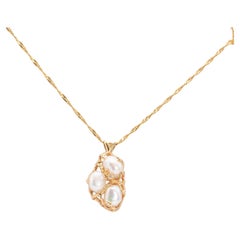 Vintage 14k Yellow Gold Pearl and Diamond Pendant Necklace