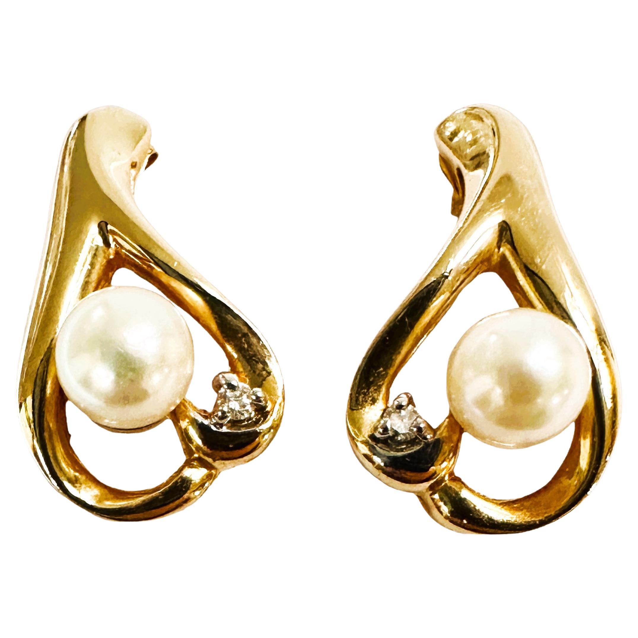 Vintage 14K Yellow Gold Pearl and Diamond Post Earrings For Sale