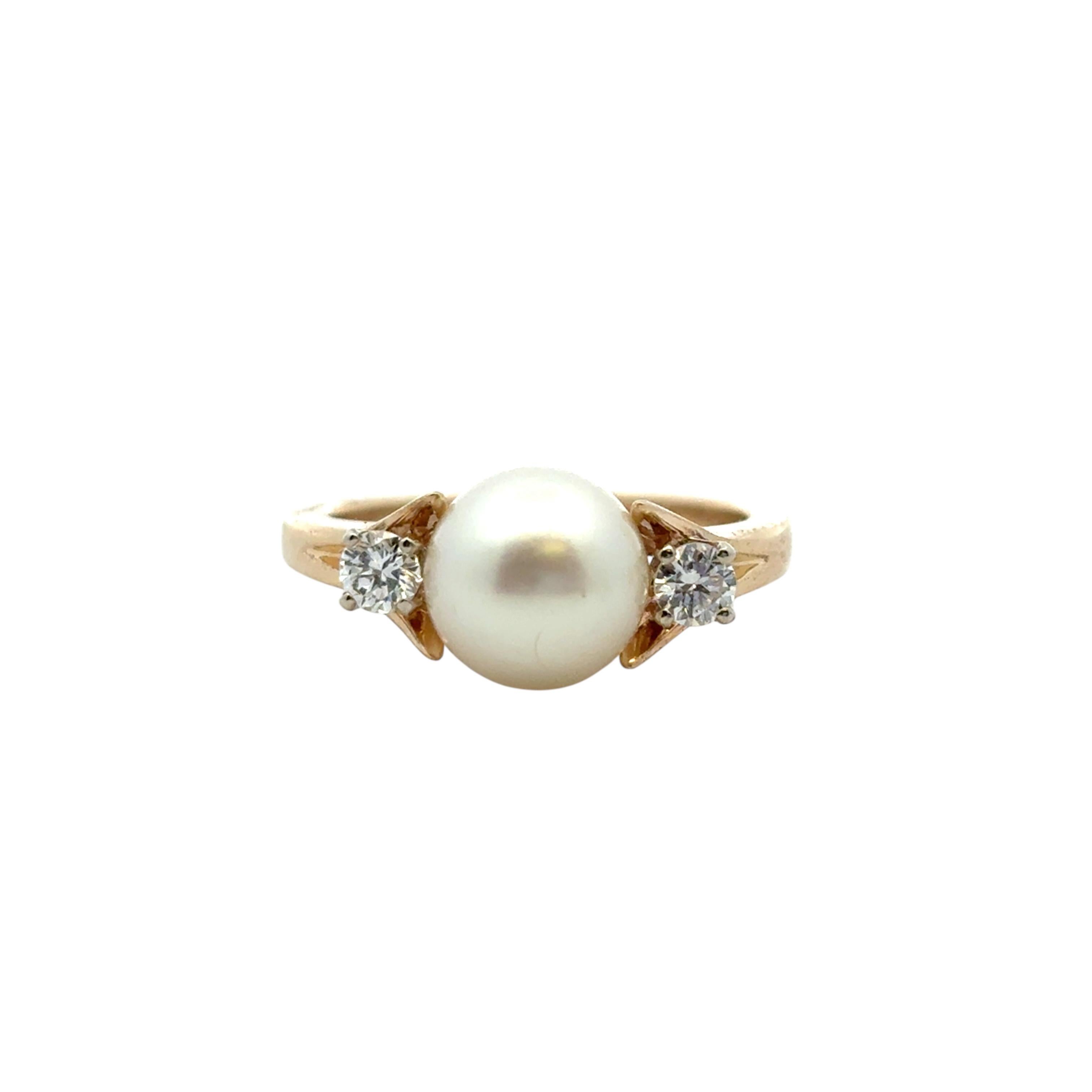 Bague vintage en or jaune 14k avec perles et diamants en vente 2
