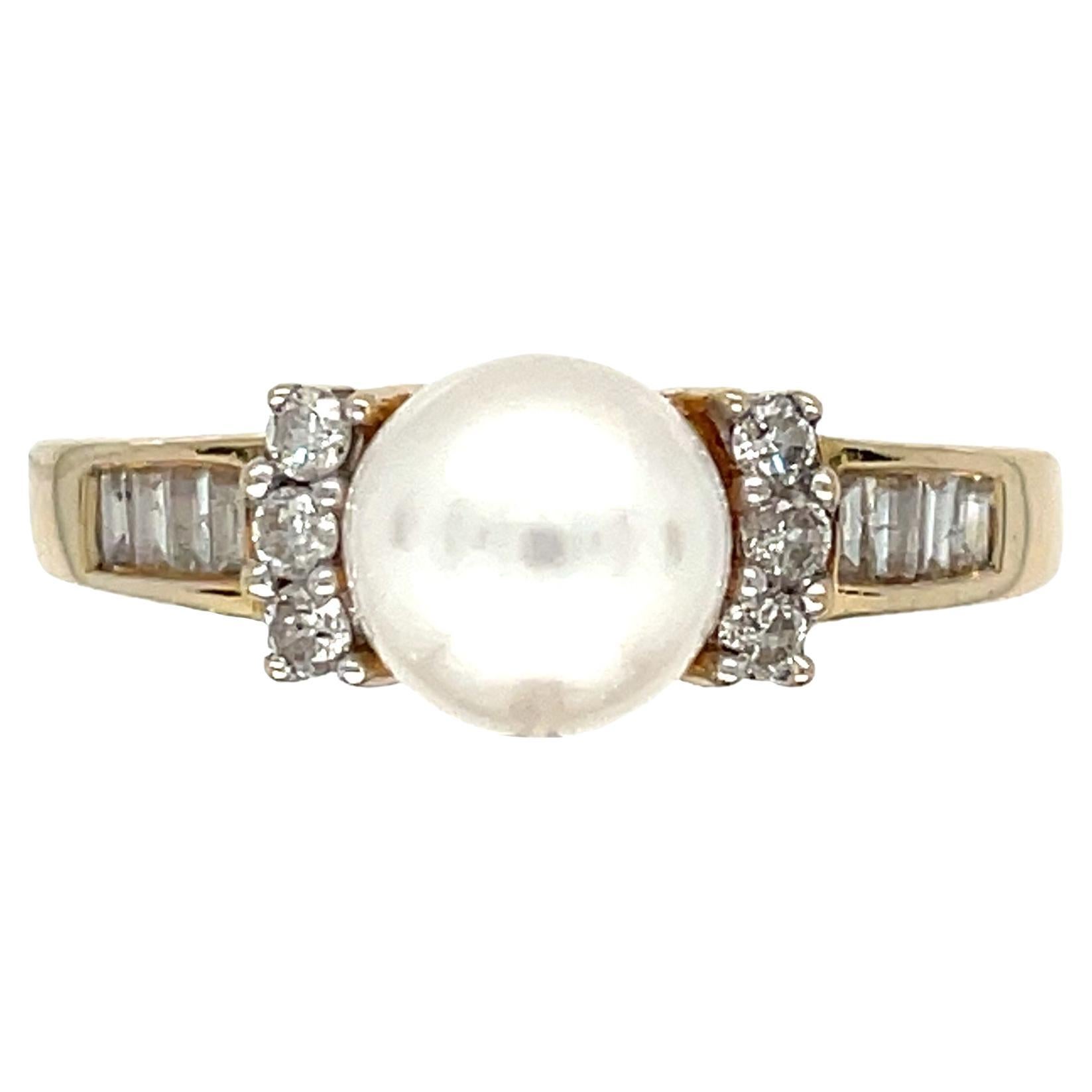 Vintage 14k Yellow Gold Pearl and Diamond Ring For Sale