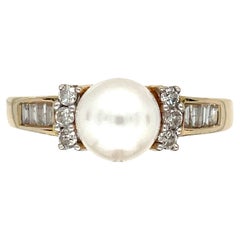 Vintage 14k Yellow Gold Pearl and Diamond Ring
