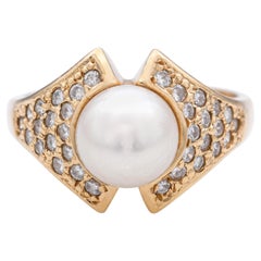 Bague vintage en or jaune 14k avec perles et diamants