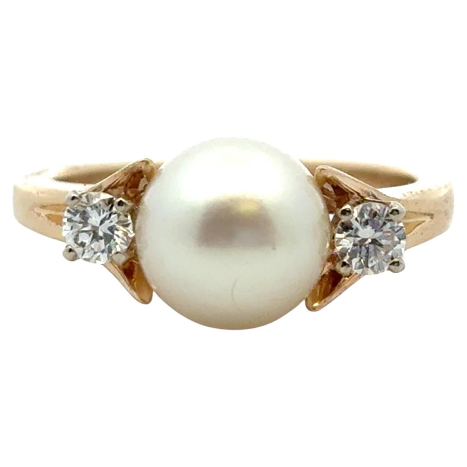 Bague vintage en or jaune 14k avec perles et diamants
