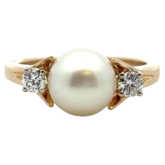 Bague vintage en or jaune 14k avec perles et diamants