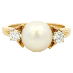 Anillo vintage de oro amarillo de 14k con perlas y diamantes
