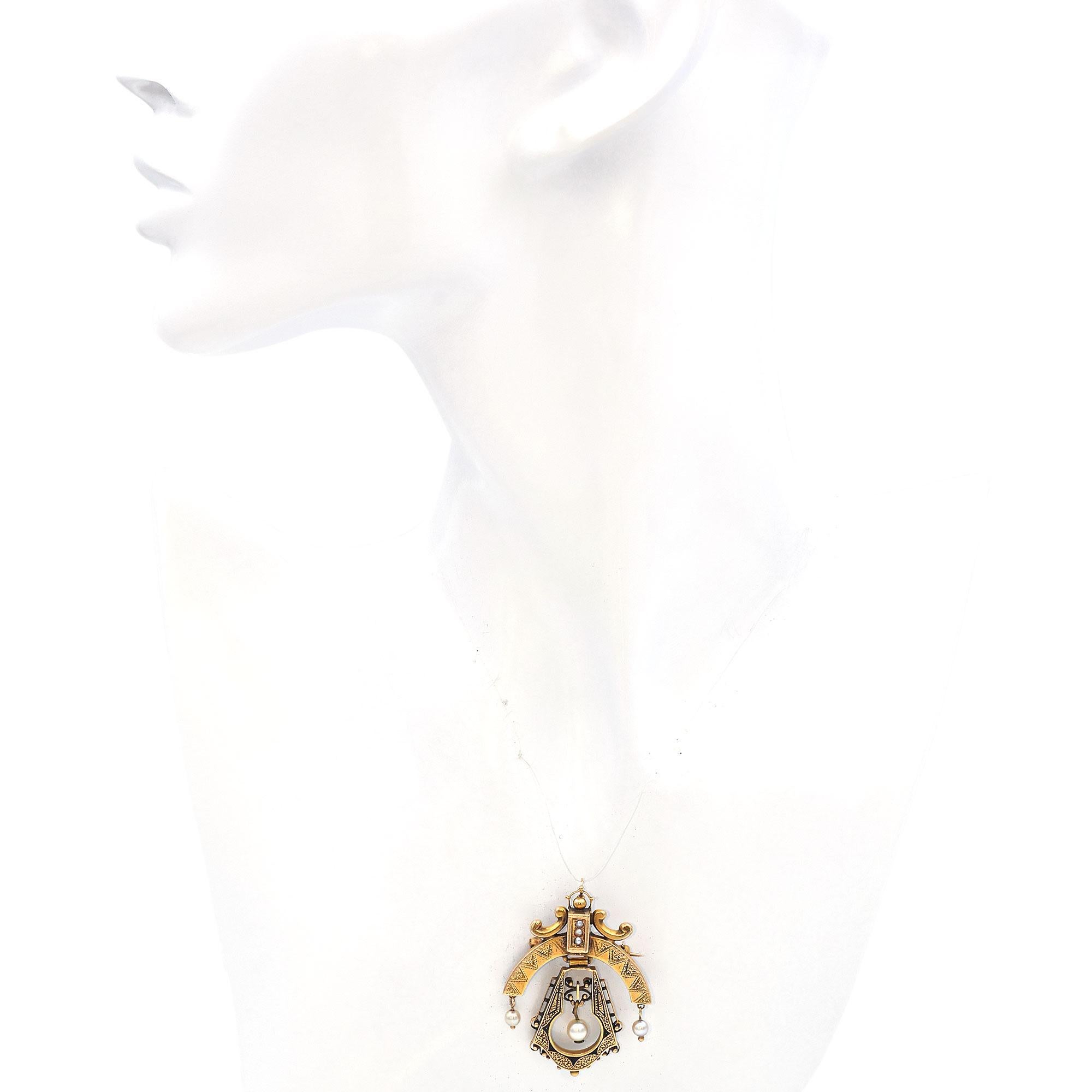Bead Vintage 14k Yellow Gold Pearl and Enamel Pagoda Pendant For Sale