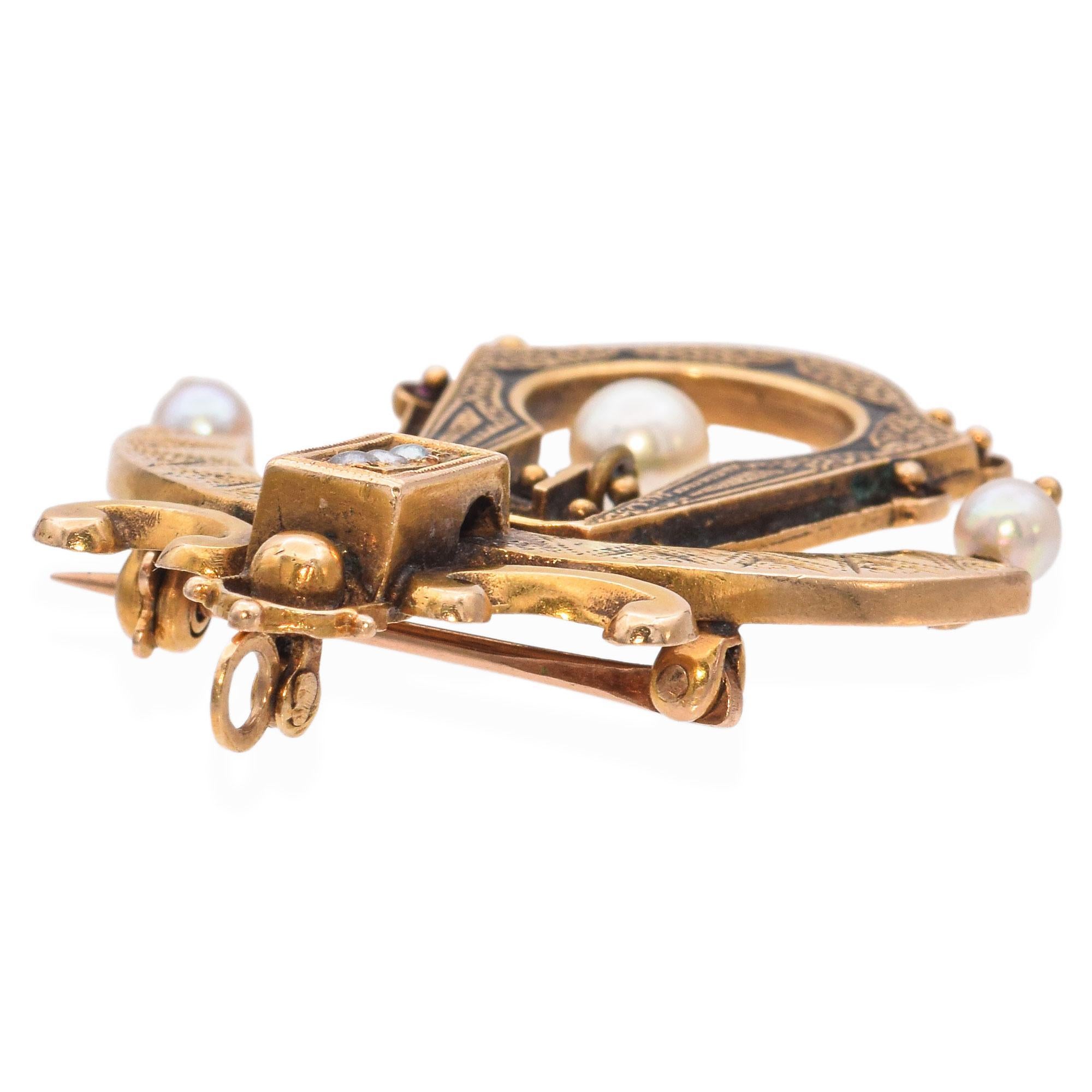 Women's or Men's Vintage 14k Yellow Gold Pearl and Enamel Pagoda Pendant For Sale