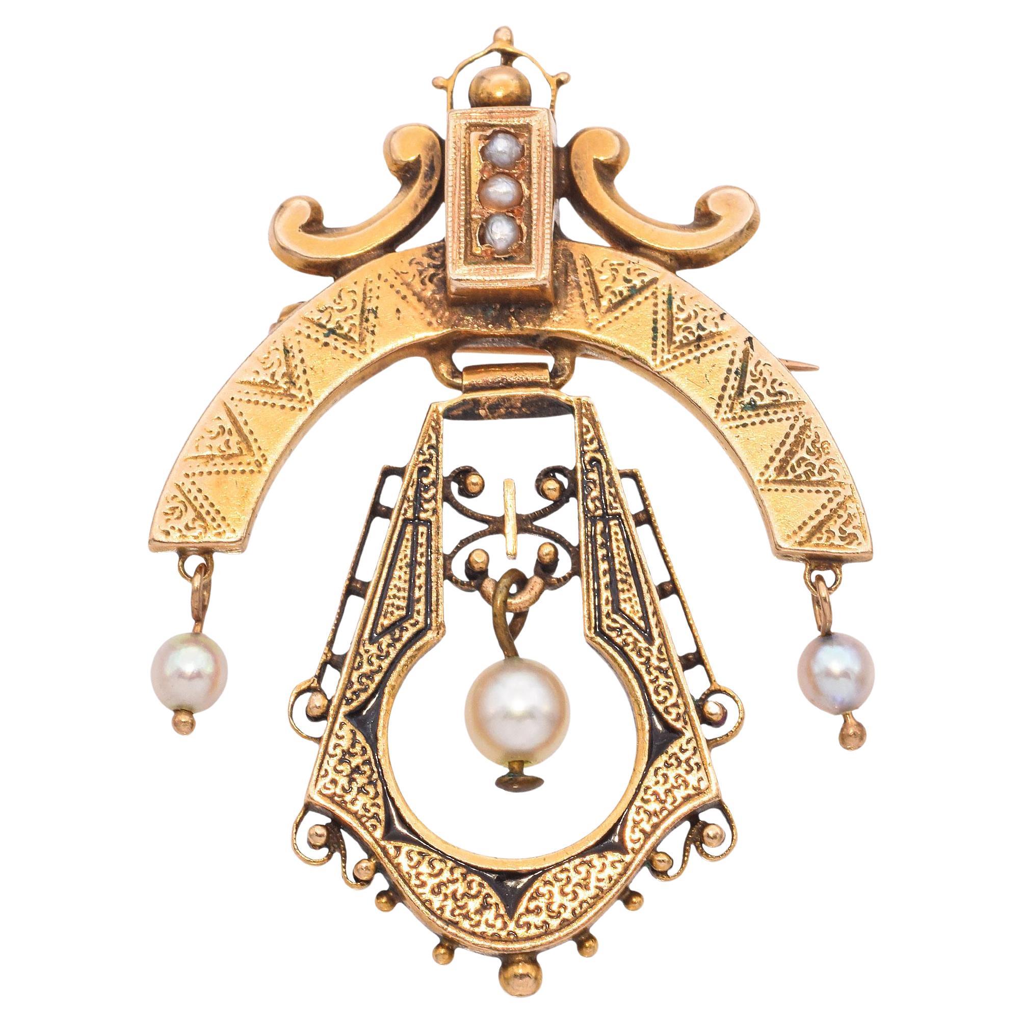 Vintage 14k Yellow Gold Pearl and Enamel Pagoda Pendant For Sale