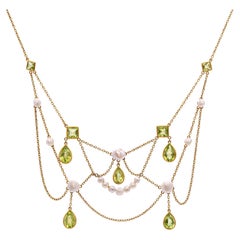 Vintage 14k Yellow Gold Pearl and Peridot Festoon Necklace