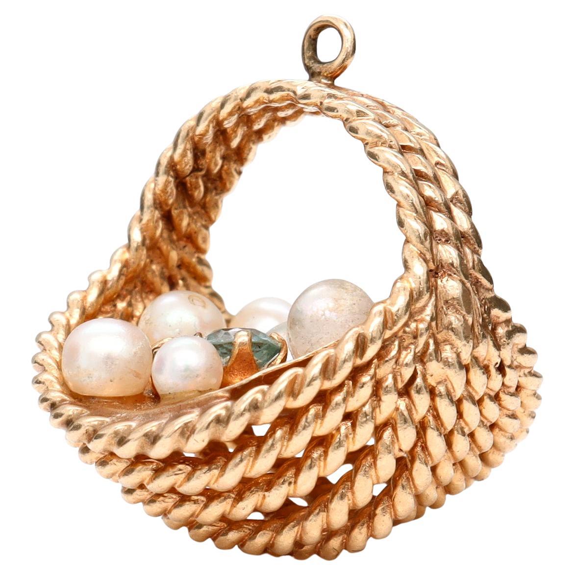 Vintage 14K Yellow Gold, Pearl, and Tourmaline Figural Easter Basket Charm