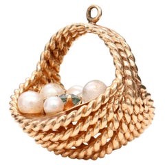 Vintage 14K Yellow Gold, Pearl, and Tourmaline Figural Easter Basket Charm