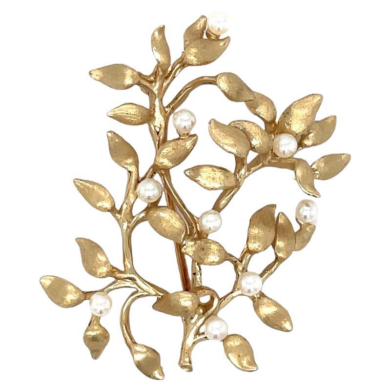 Broche/alfiler vintage de oro amarillo de 14 quilates con rama de perlas