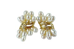 Vintage 14K Yellow Gold Pearl & Brilliant Cut Diamond Cluster Post Earrings