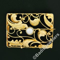 Vintage 14K Yellow Gold Pearl Center w/ Open Work Foliage Rectangular Pin Brooch