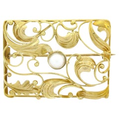 Vintage 14K Yellow Gold Pearl Center w/ Open Work Foliage Rectangular Pin Brooch