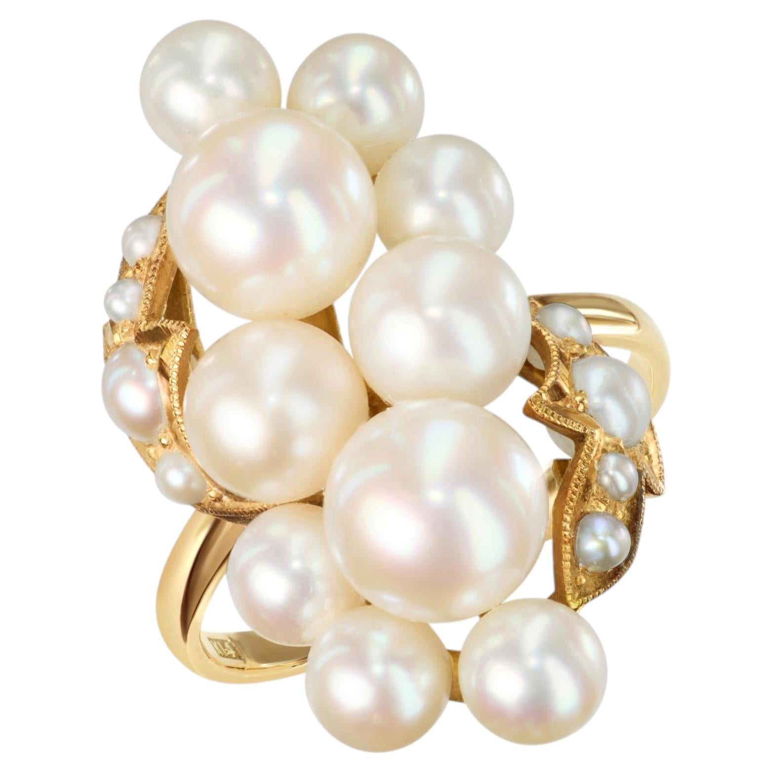 Vintage 14k Yellow Gold Pearl Cluster Ring