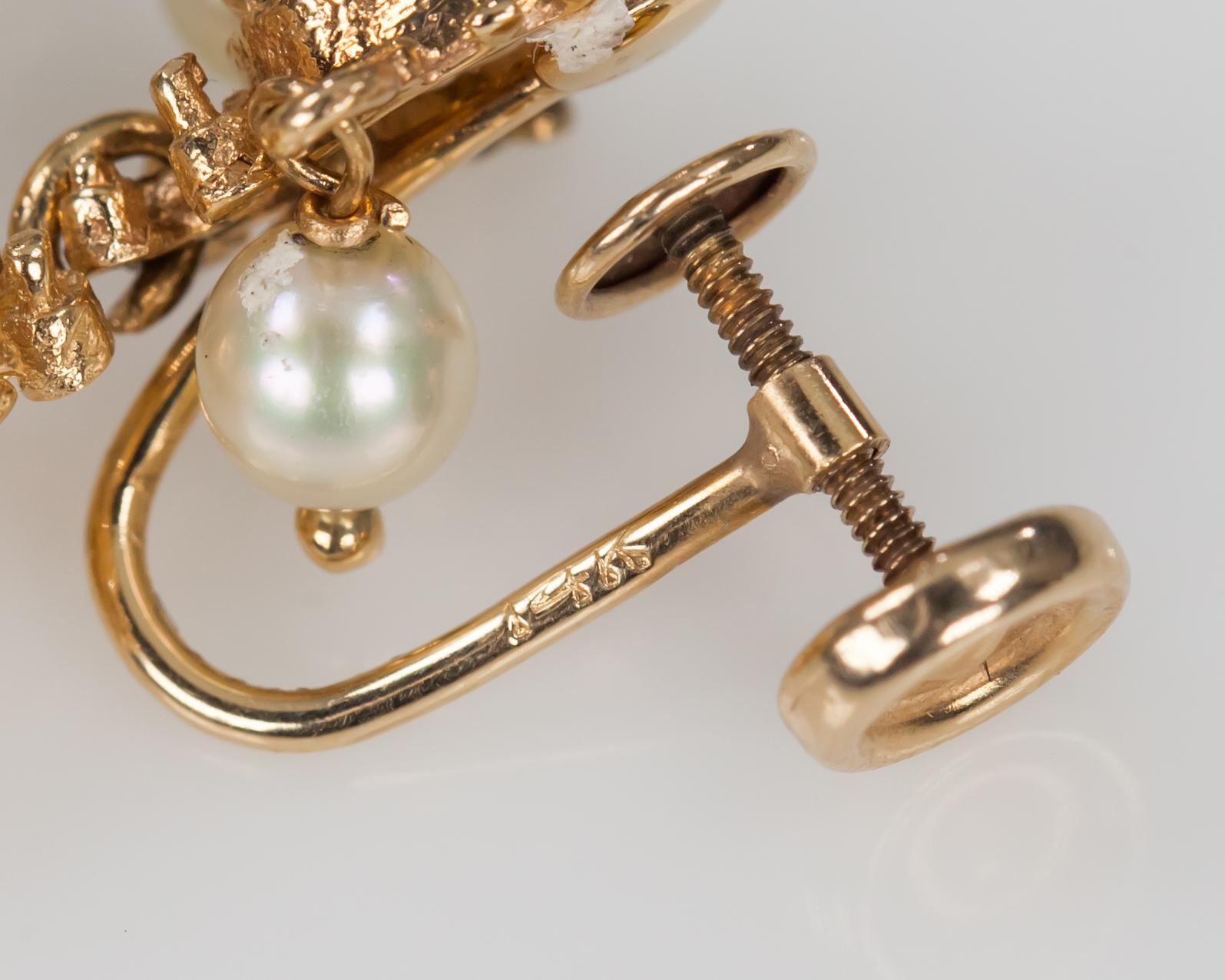 Vintage 14k Yellow Gold Pearl Dangle Screw-On No Post Earrings Gorgeous For Sale 4