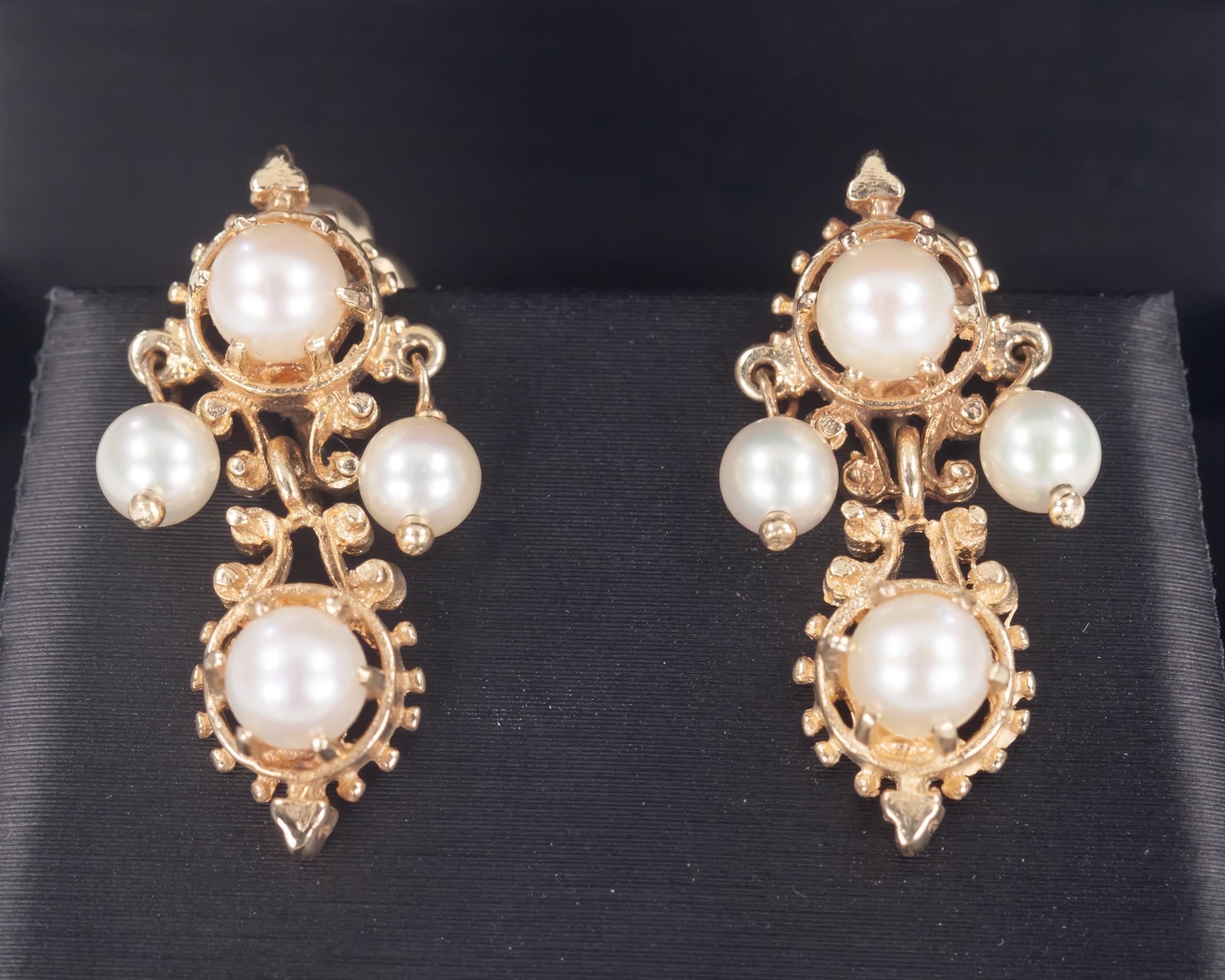 Uncut Vintage 14k Yellow Gold Pearl Dangle Screw-On No Post Earrings Gorgeous For Sale