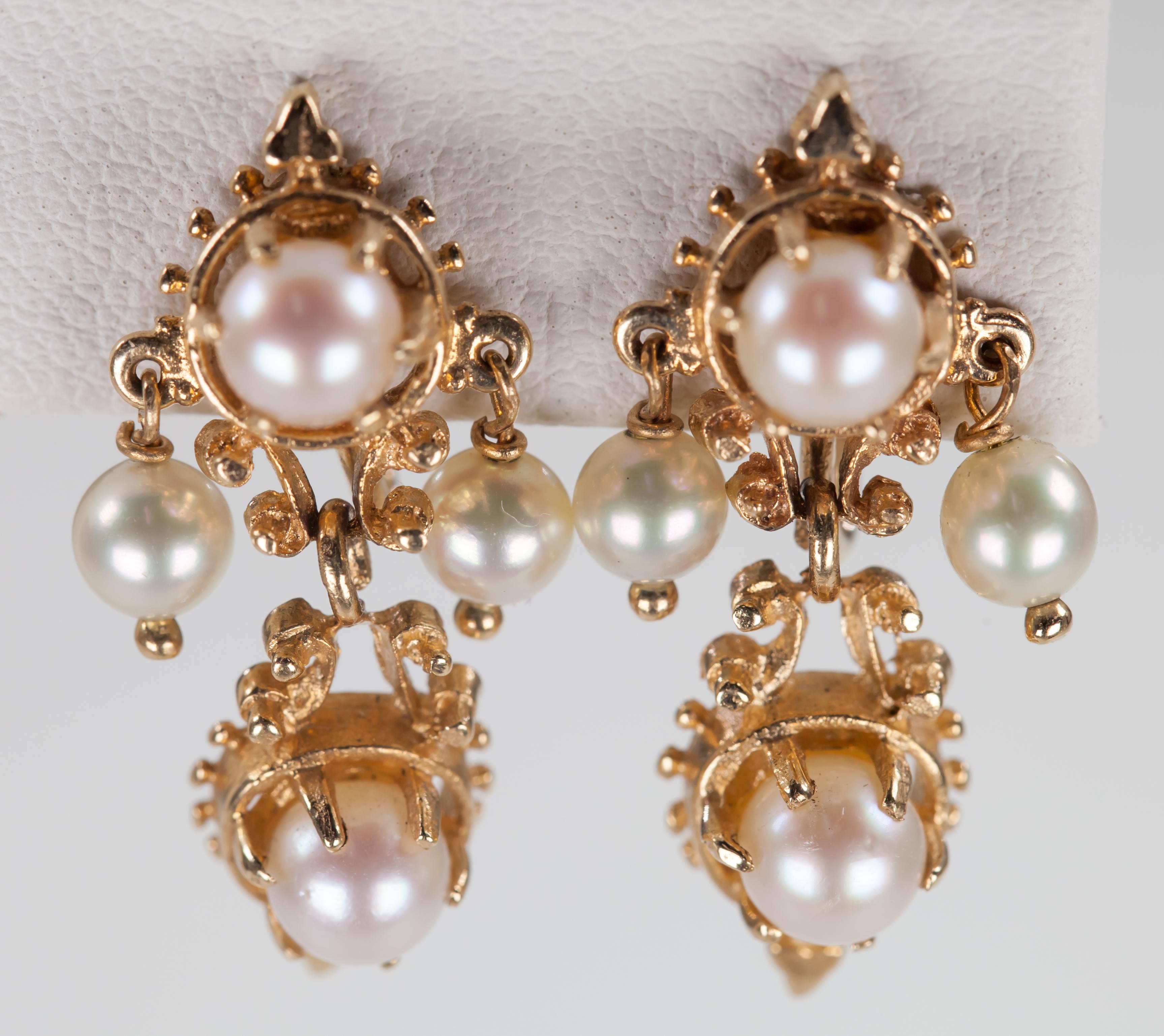 Women's Vintage 14k Yellow Gold Pearl Dangle Screw-On No Post Earrings Gorgeous For Sale