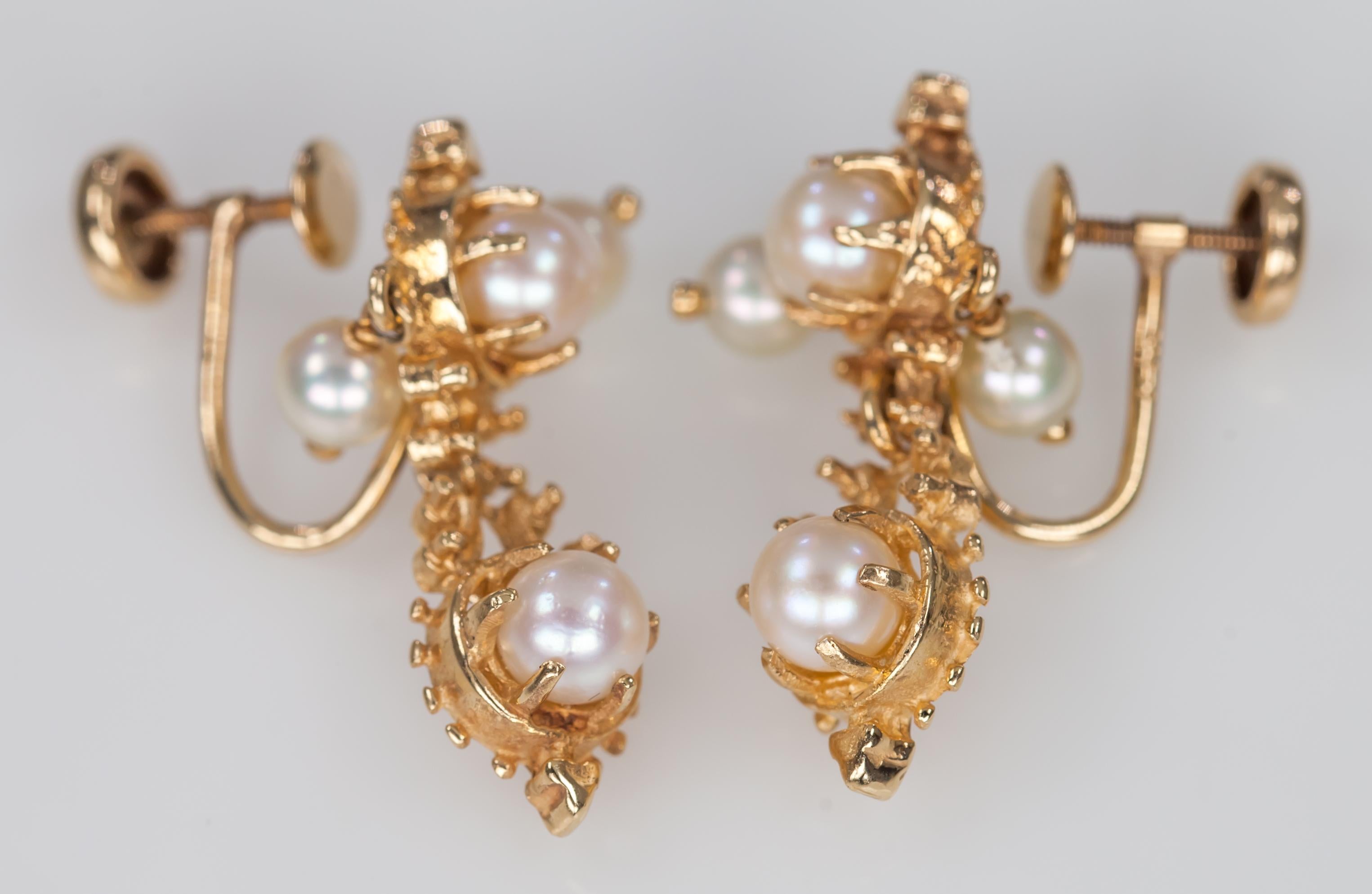 Vintage 14k Yellow Gold Pearl Dangle Screw-On No Post Earrings Gorgeous For Sale 3