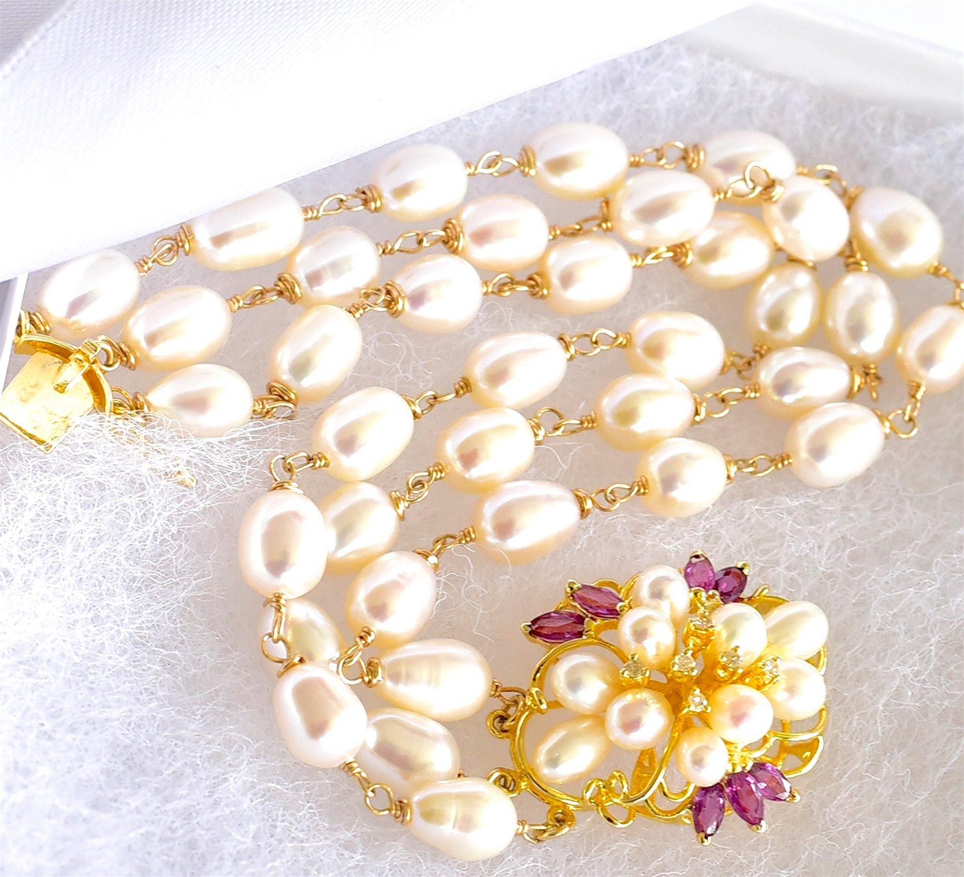 Artisan Vintage 14K Yellow Gold Pearl, Diamond and Ruby Bracelet