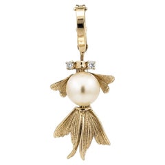 Vintage 14k Yellow Gold Pearl & Diamond Detailed Fish Enhancer Pendant Charm
