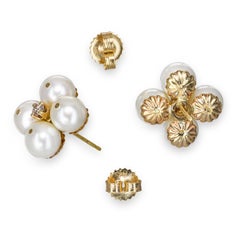 Vintage 14k Yellow Gold Pearl & Diamond Quatrefoil Cluster Stud Earrings
