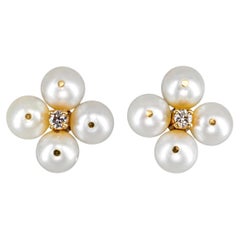 Vintage 14k Yellow Gold Pearl & Diamond Quatrefoil Cluster Stud Earrings