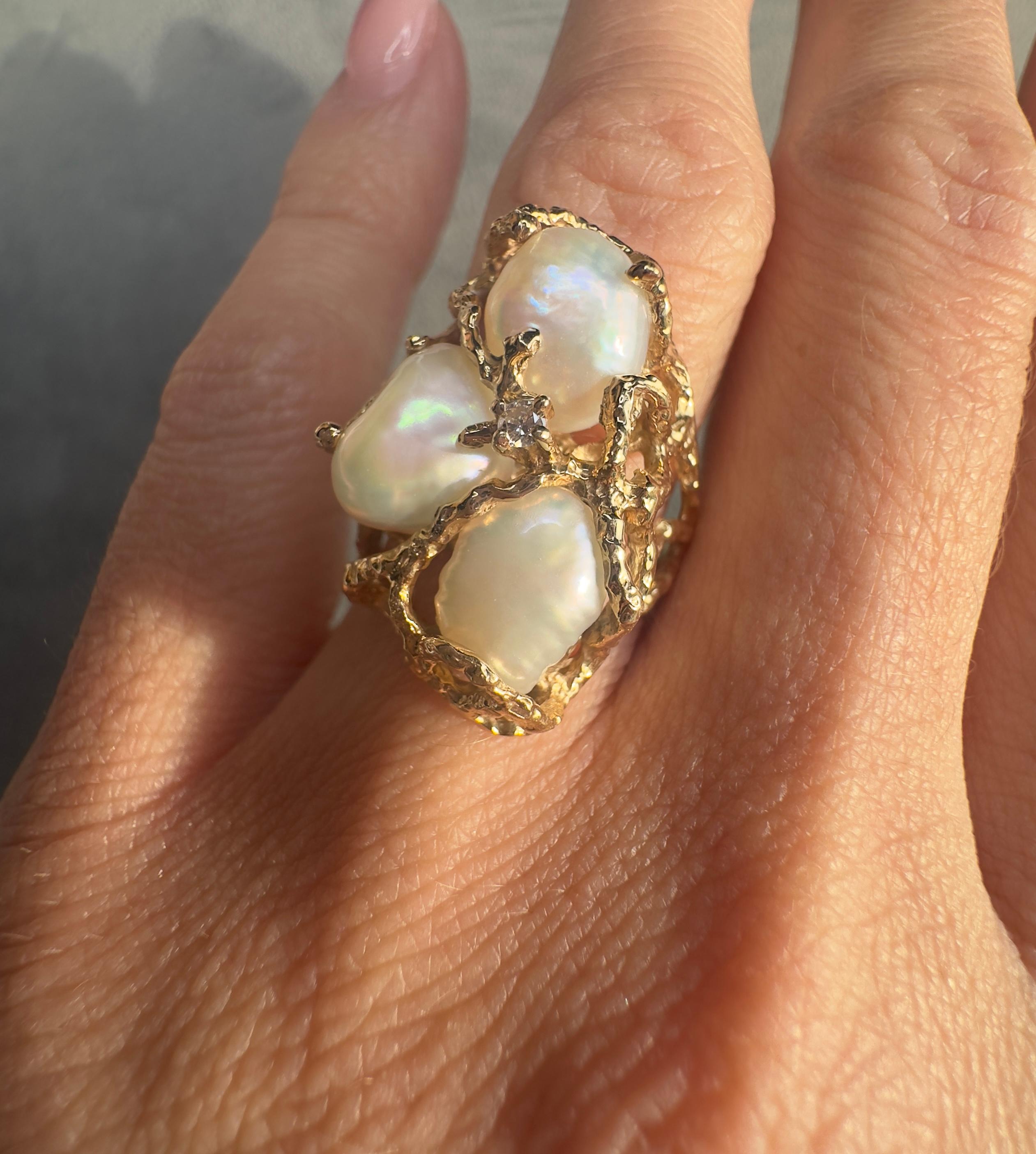 Vintage 14k Yellow Gold Pearl & Diamond Ring In Good Condition In Houston, TX