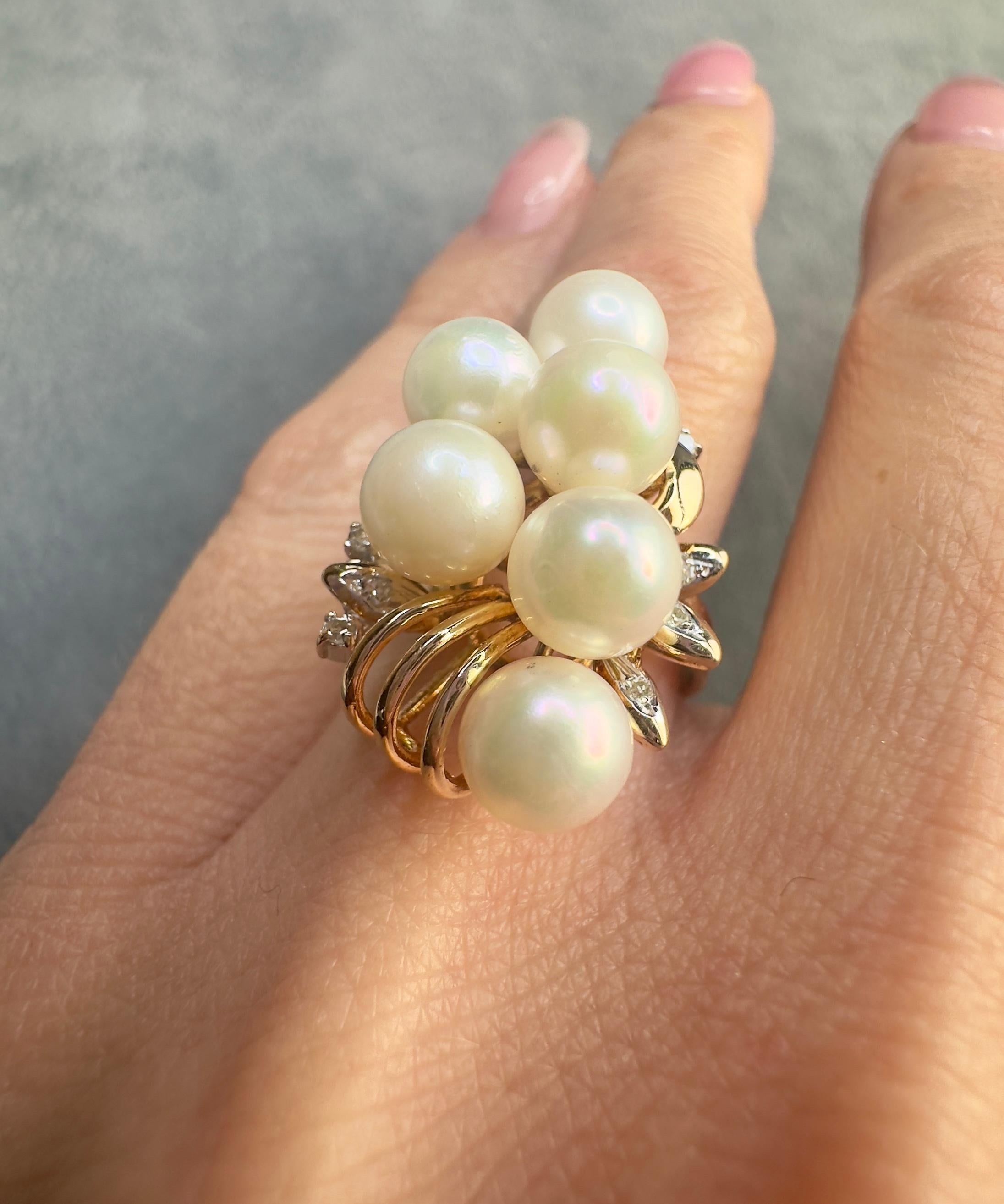 Anello vintage in oro giallo 14k con perle e diamanti In condizioni buone in vendita a Houston, TX