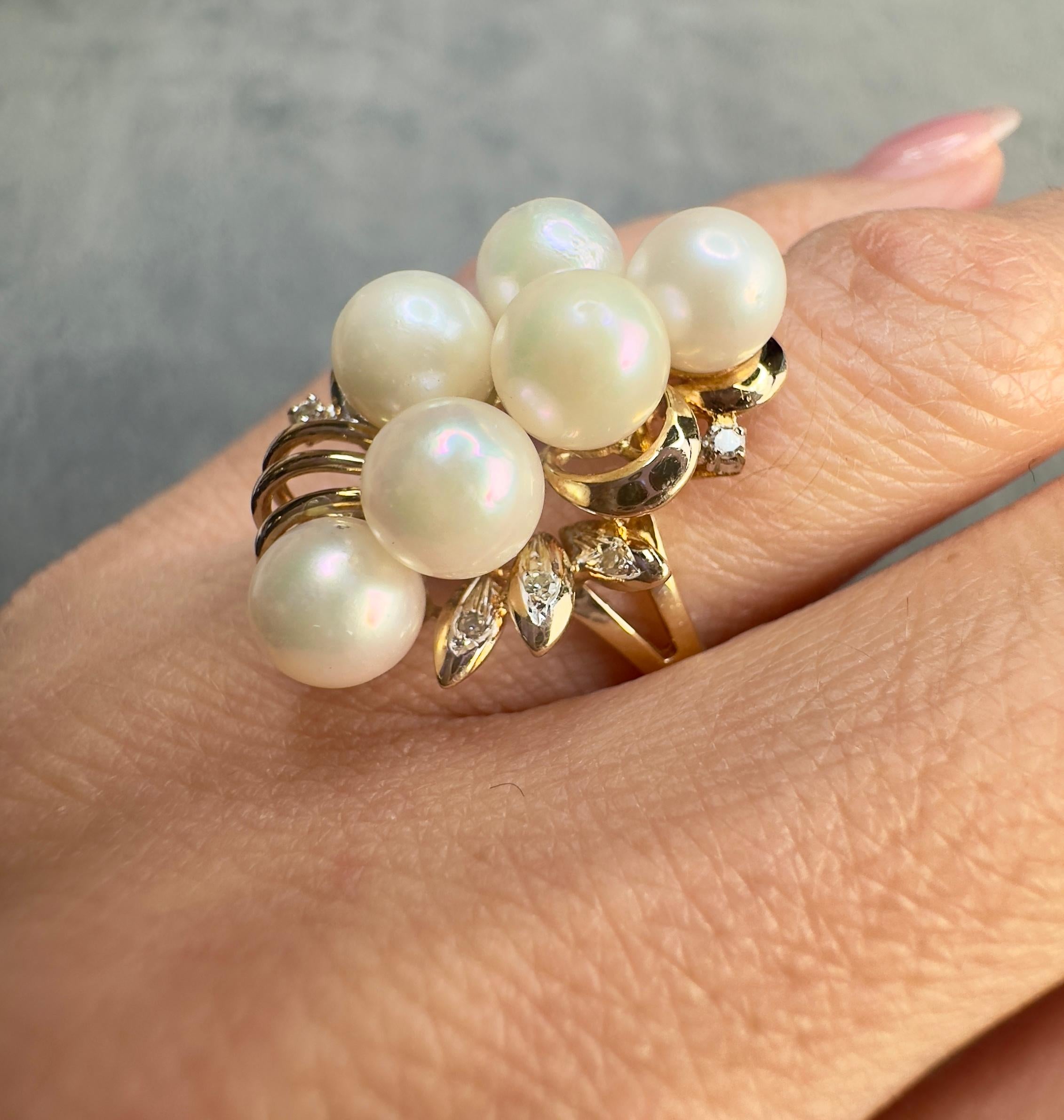 Donna Anello vintage in oro giallo 14k con perle e diamanti in vendita