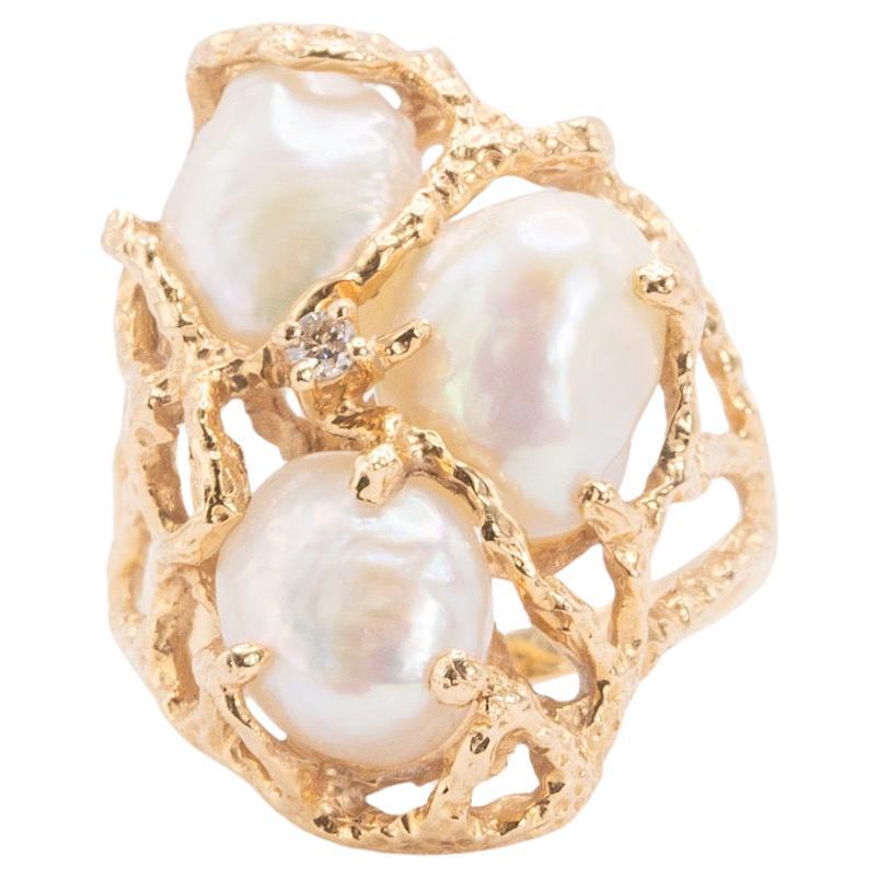 Vintage 14k Yellow Gold Pearl & Diamond Ring