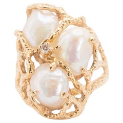 Vintage 14k Yellow Gold Pearl & Diamond Ring