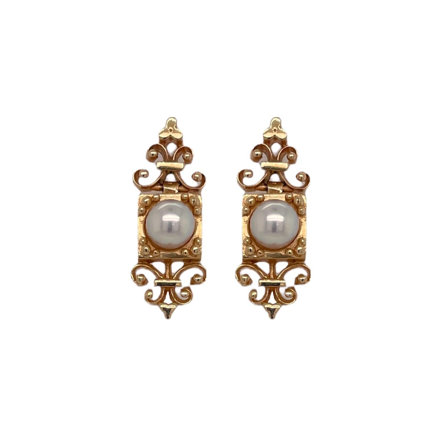 Romantique Boucles d'oreilles pendantes vintage en or jaune 14 carats et perles en vente