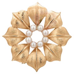 Vintage 14K Yellow Gold Pearl Floral Design Brooch with Brushed Accents