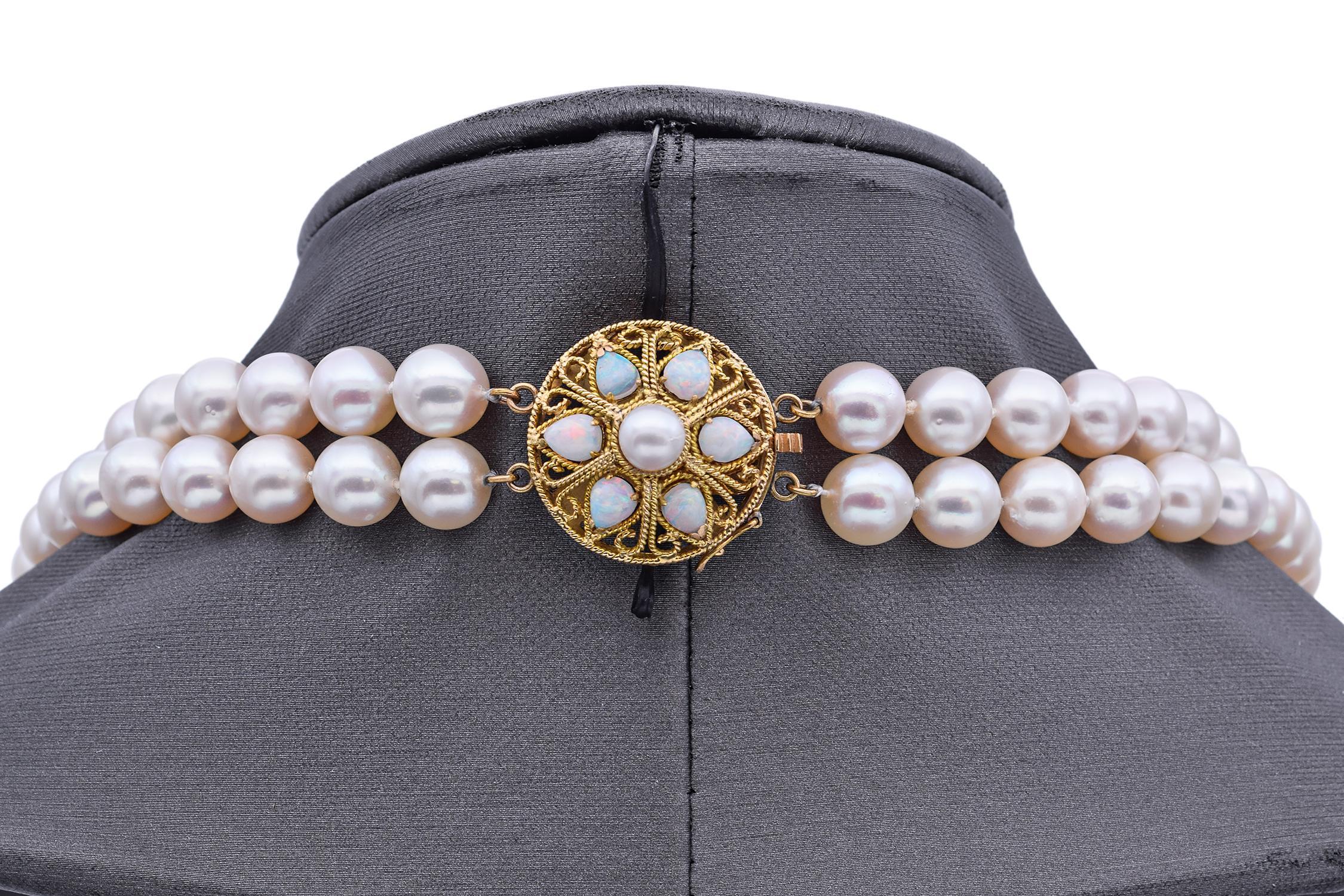 Uncut Vintage 14K Yellow Gold Pearl & Opal Beaded Double-Strand Necklace 32 Inches