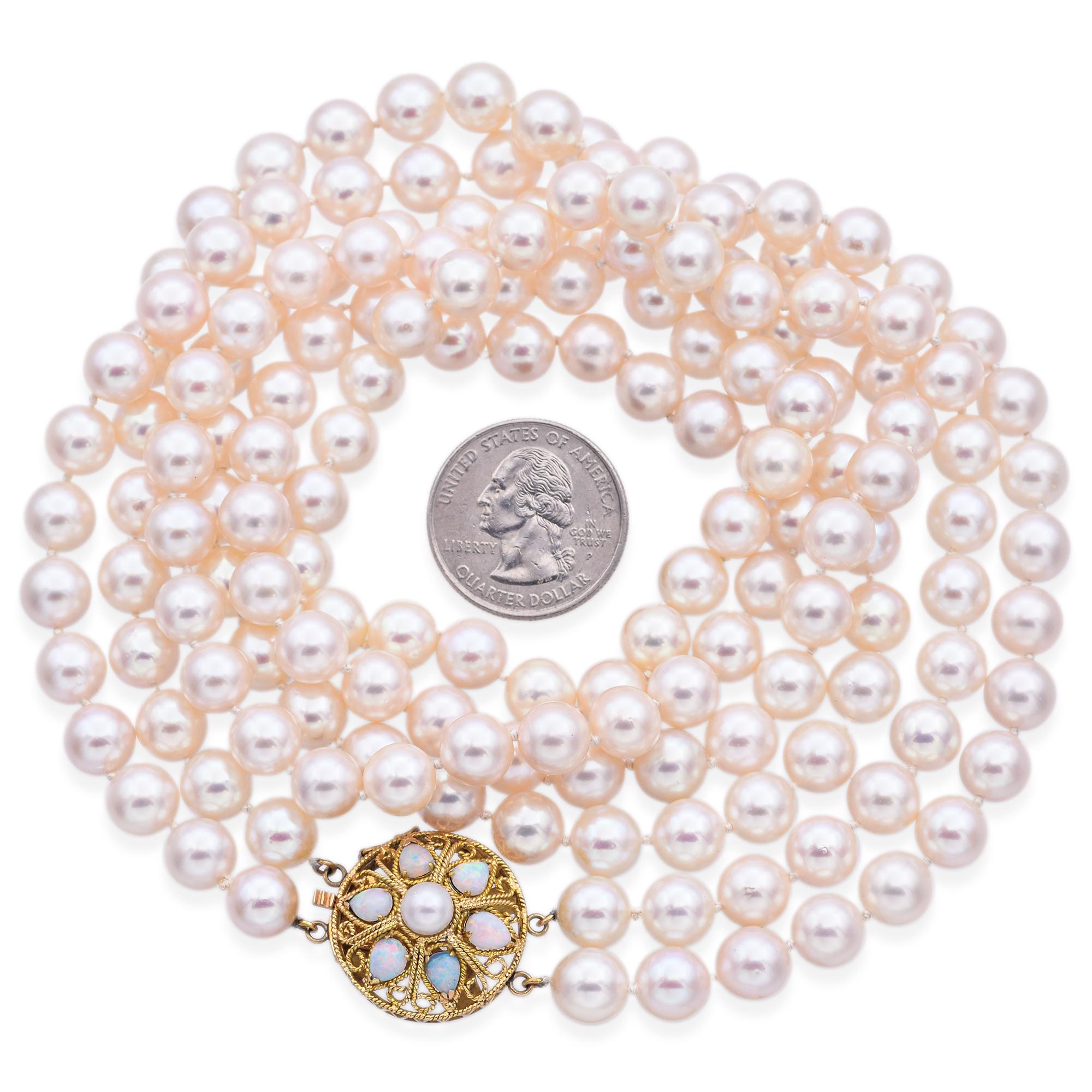 Vintage 14K Yellow Gold Pearl & Opal Beaded Double-Strand Necklace 32 Inches In Good Condition In New York, NY