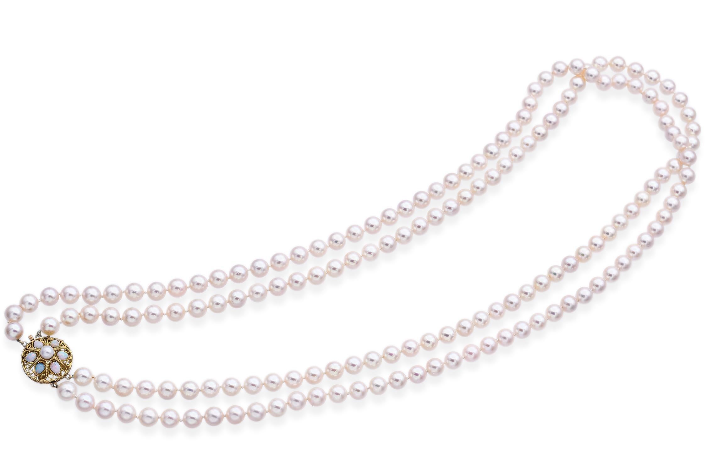 Women's Vintage 14K Yellow Gold Pearl & Opal Beaded Double-Strand Necklace 32 Inches