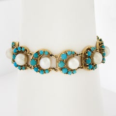 Vintage 14K Yellow Gold Pearls & Turquoise Horseshoe or Crescent Link Bracelet